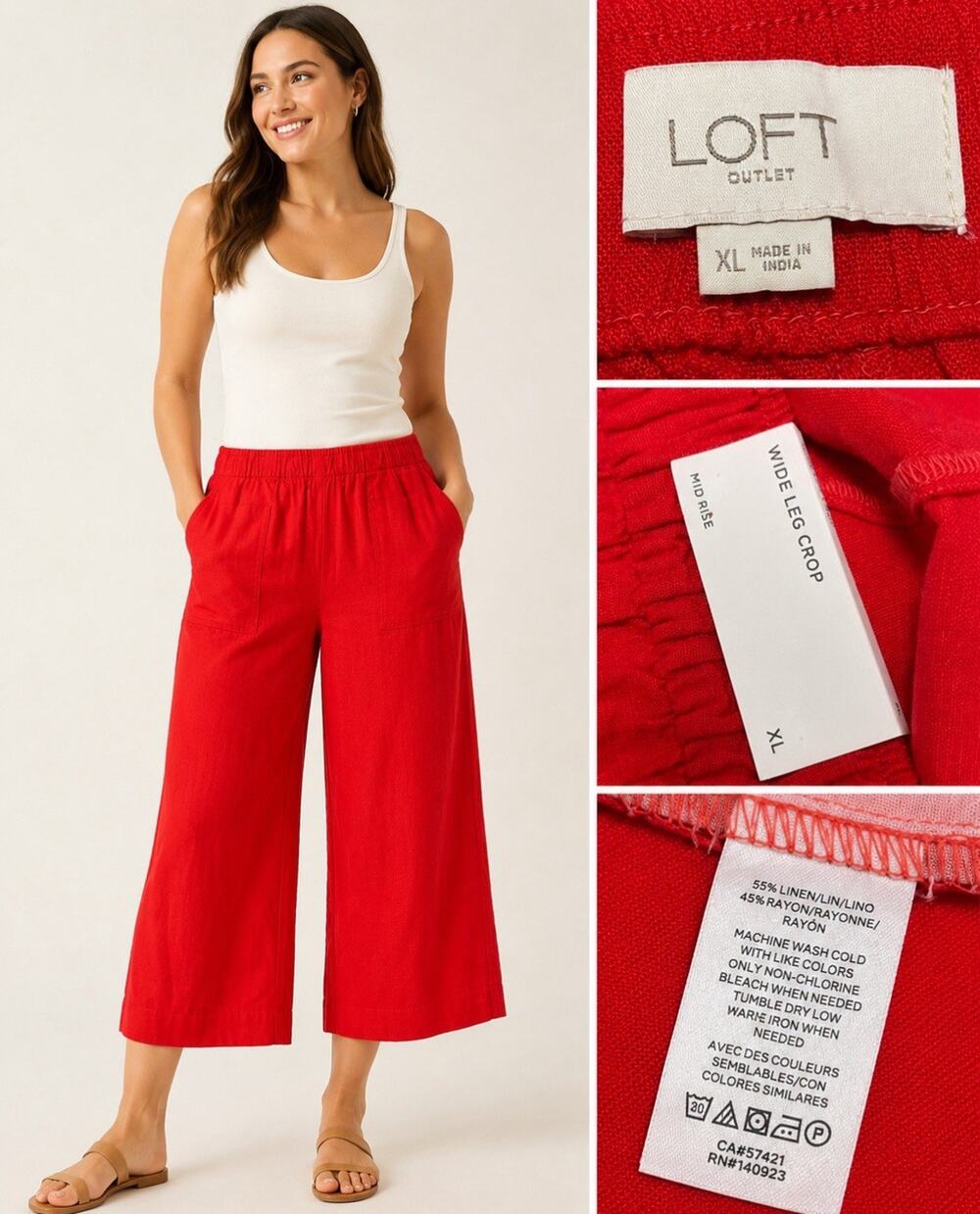 NWT Coastal Career Resort LOFT Outlet Wide Leg Crop Pants Size XL Red Linen
